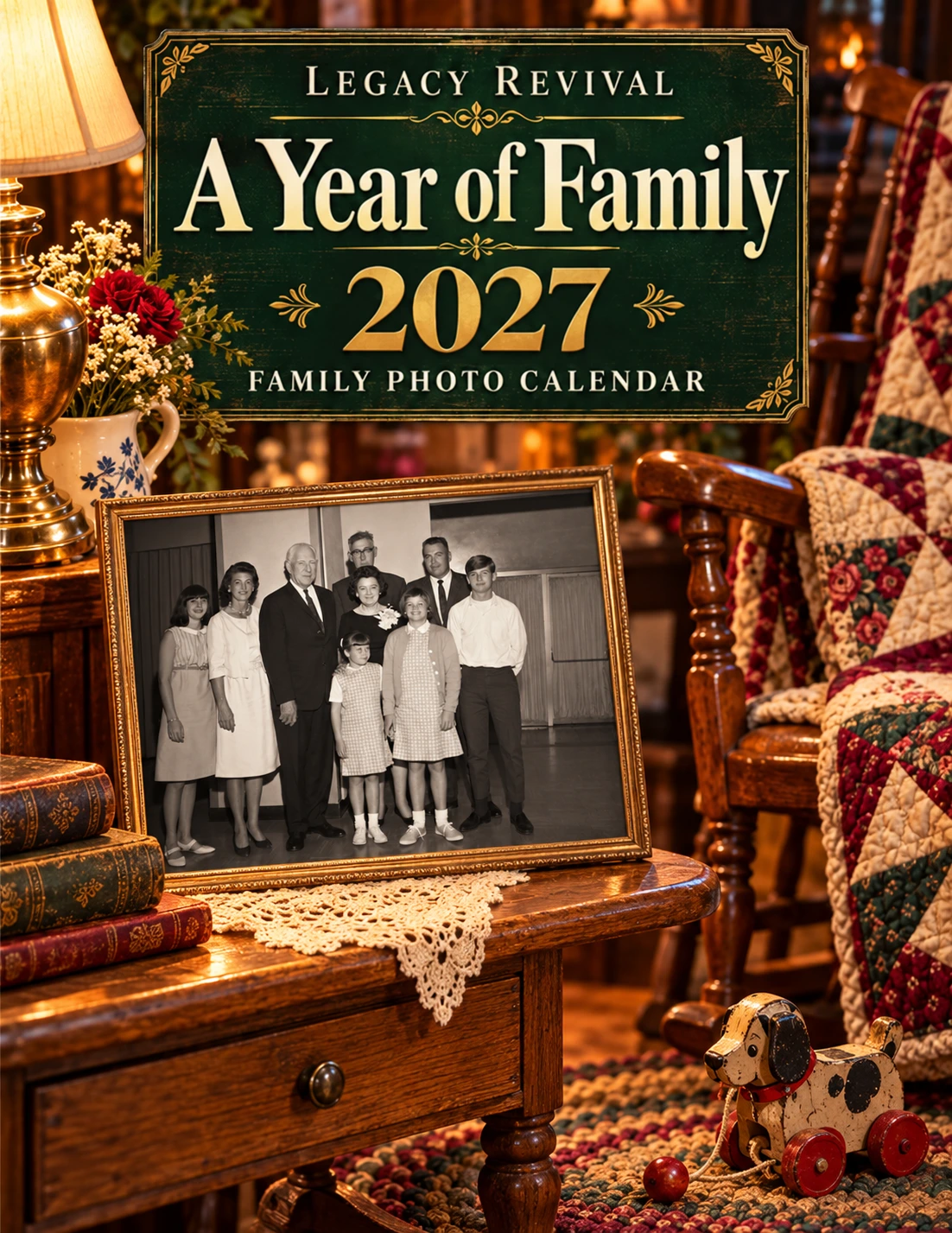 Sample cover of A Year of Family 2027, featuring a framed family photograph in a warm vintage home.